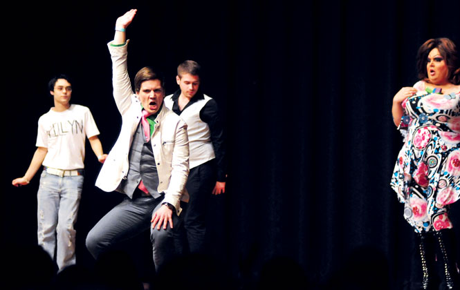 Delta Lambda Pi performs "Gaymes" Bond, their rendition of James Bond complete with a drag queen in distress. Every fraternity and sorority performed an act at the Delta Zeta Lip Sync event on March 2 in the KSU Ballroom. Photo by Rachael LeGoubin