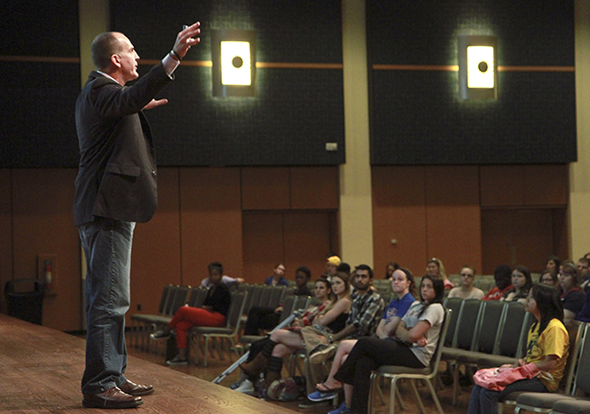 Author and entrepreneur Gary Schoeniger speaks at the Kent State University Student Center Ballroom Thursday, September 5, 2013. Photo by Yolanda Li.