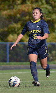 Junior forward Stephanie Haugh (left) gaurds the ball from the opponet at Kent State's winning game against Cleveland State Friday, August 30, 2013. Photo by Hannah Shimko.