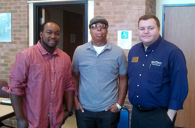 Sgt. From left, "After the Fire" speakers Shawn Simons and Alvaro Llanos, and Kent State Assistant Director of Residential Safety and Security Brian Hellwig stand outside of the KIVA after the commemorative presentation on Wednesday, September 11, 2013. Photo by Rachel Purget.