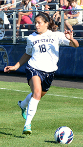 Junior midfielder Calli Rinicella prepares to make a long punt across the field at Kent State's winning game against St. Bonaventure Aug. 23, 2013. The Flashes will take on Cleveland State Friday at 4 p.m. at Zoeller Field. Photo by Leah Klafczynski