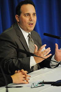 Matt Parrish, an attorney who has represented musicians, writers, performers, filmmakers and their management on entertainment law issues, participates in a panel discussion about agents, publicists and legal representatives at the 2013 Poynter Kent State Ethics Workshop Sept. 19, 2013. Photo by Rachael Le Goubin.