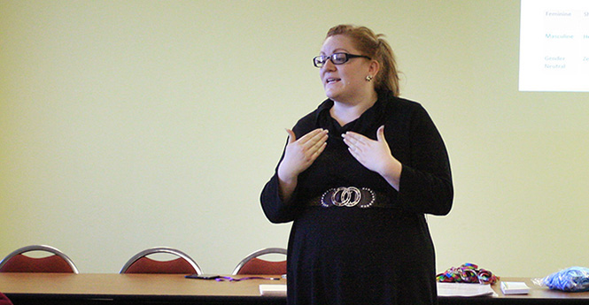 Program Coordinator of the LGBTQ Student Center Roxie Patton provided a powerpoint presentation to RA's and students about the importance of respect and awareness of gender equality on Tuesday Oct. 8, 2013. Photo by Emily Lambillotte.