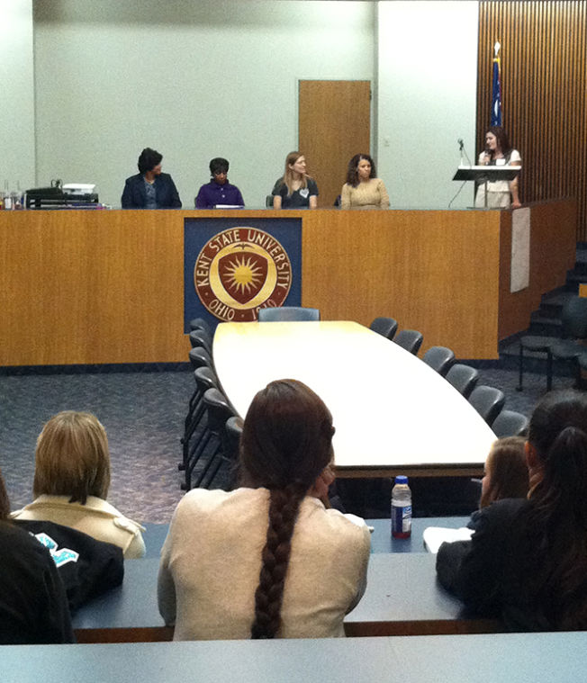 Katie Clarkin asks the panel members questions during the “Lighting the Way for Women’s Leadership” retreat hosted at Kent State Saturday on Oct.19, 2013. Photo by Julie Myers.