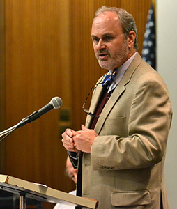 Provost Todd Diacon speaks at the Faculty Senate meeting held in the Governance Chambers on Monday, Oct. 7, 2013. Photo by Chloe Hackathorn.