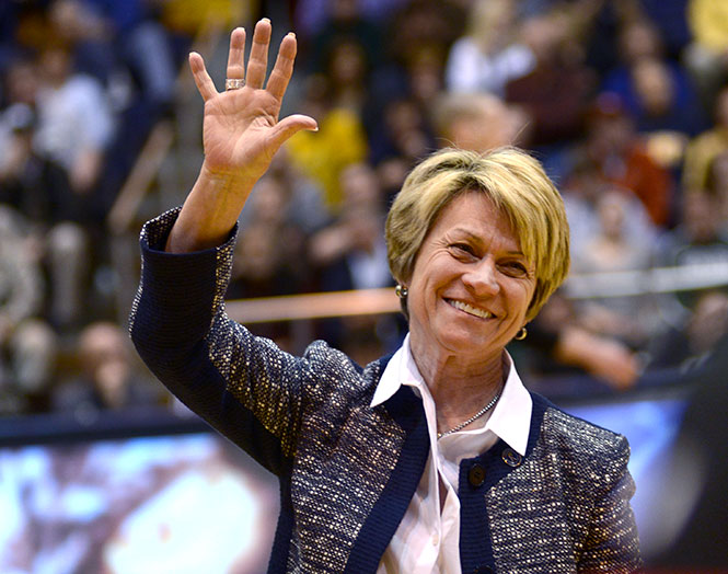 Kent State president-elect Dr. Beverly Warren waves to fans at the Kent State vs. Ohio University basketball game Wednesday, Jan. 8, 2013. Warren's presidency will become effective in July, replacing outgoing President Lefton.