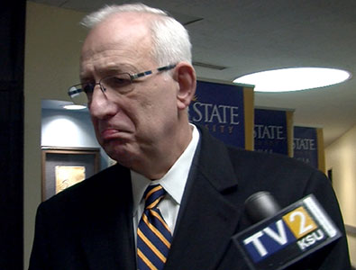 President Lester Lefton declines to comment when asked about his post-retirement plans, which include LeftonGroup, at a meet-and-greet event for president-elect Beverly Warren on Jan. 8 in the Schwebel Room.