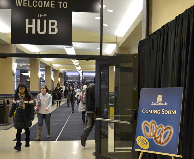 Ambrosia, in the Hub, is now closed and cloaked as of Monday, Jan. 13, 2014. Work is being done behind the curtains to replace Ambrosia with an Auntie Anne's pretzels.