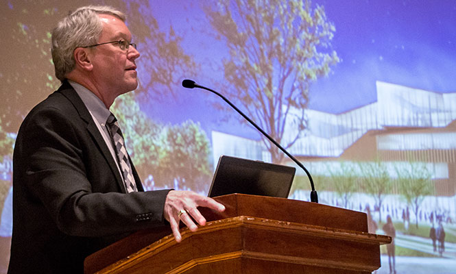 Dean of the College of Architecture &amp; Environmental Design, Douglas L. Steidl asks the design teams questions regarding the new Architecture building on Thursday, Jan. 16, 2014 in Cartwright Hall.