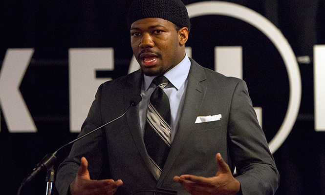 Marvin Logan spoke at the Undergraduate Student Government debate Thursday, Feb. 20, 2014. Logan is running for for the Executive Director of Undergraduate Student Government unopposed.