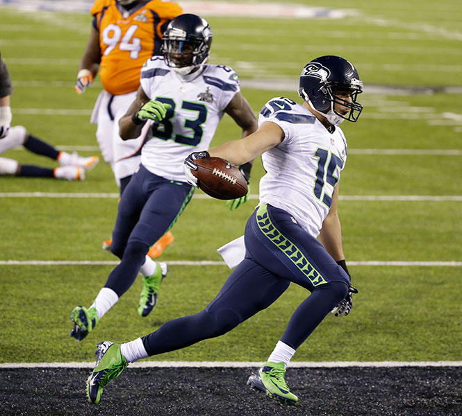 Jermaine Kearse (15) of the Seattle Seahawks celebrates a touchdown during the second half of Super Bowl XLVIII at MetLife Stadium in East Rutherford, N.J., on Sunday, Feb. 2, 2014. (J. Patric Schneider/MCT)