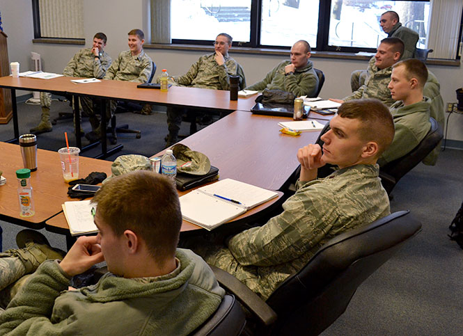 A group of Air Force ROTC cadets learn about various Air Force plane models, Thursday, Jan. 30, 2014. The class was lead by newest commander Lt. Col. Daniel Finkelstein in Terrace Hall.