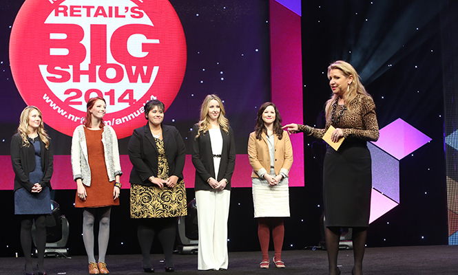 Mindy Grossman, CEO of HSNi presents awards to five national winners of retail-industry scholarships. Photo submitted by Elizabeth Heibertshausen.