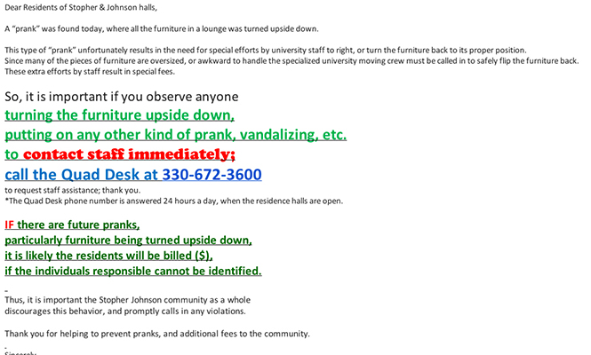 Screenshot of e-mail sent out to residents.