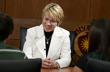 Kent State president-elect Beverly Warren meets with student media Thursday evening, Feb. 27, 2014, on the third floor of the student center, discussing her day spent visiting campus as well as some details about plans for the future.