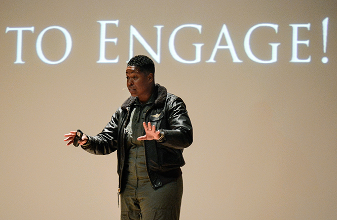 Vernice "Fly Girl" Armour, America's first African American combat pilot, speaks to Kent State about how to be successful, Thursday, Feb. 27 2014, at the Kiva.