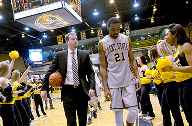 Khaliq Spicer exits the court after last week's regular season game against Miami University, March 4, 2014. The Flashes took on Miami again at the first and only tournament game they'll see this season, losing 71-64 to the Redhawks in Miami, Monday, March 10, 2014.