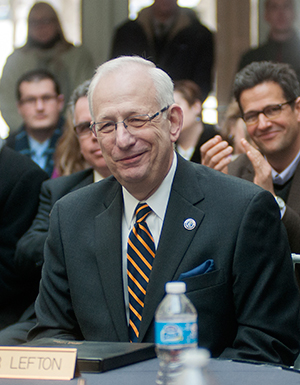 Outgoing president Lester Lefton listens at the Board of Trustees meeting, Jan. 9, 2014, that announced Beverly Warren as Kent's president-elect, to take effect in July.