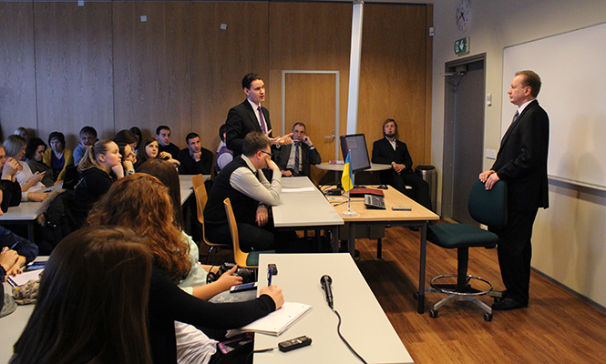 Ukrainian Ambassador to Estonia Viktor Kryzhanivsky addresses an international relations class at Tallinn University of Technology on Tuesday, March 18, 2014 in Tallinn, Estonia.