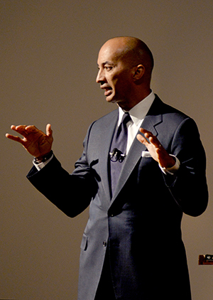 Byron Pitts, ABC national news anchor, speaks to an audience about the importance of embracing diversity in today's society in the Kiva, Monday, March 31, 2014. Pitts was awarded the 2014 Robert G. McGruder Lecture Award.