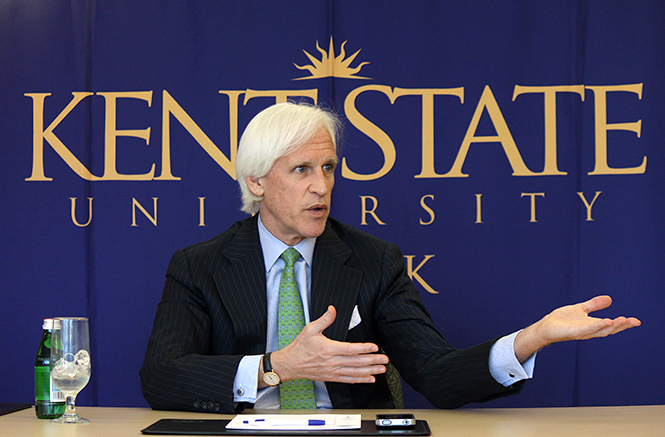 Best-selling author Robert Edsel speaks at a press conference prior to his presentation at Kent State-Stark, Monday evening, April 7, 2014. Edsel spoke about the process of translating his book, "The Monument Men" into a film.