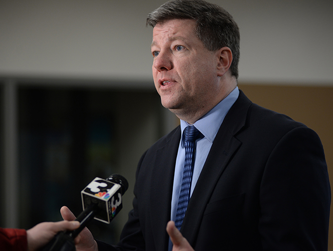 University spokesman Eric Mansfield prepares to give a press conference in Franklin Hall on Wednesday, April 2, 2014. The press conference was held to update the media on the events unfolding on campus during the night of the campus lockdown.