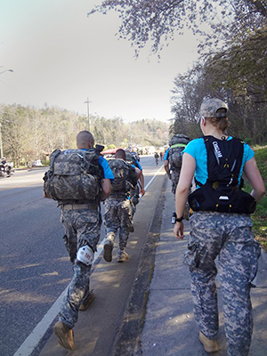 Submitted photo. Participants of the Mountain Man Memorial March competition walk together Saturday, April 12, 2014, in Gatlingburg, Tenn.