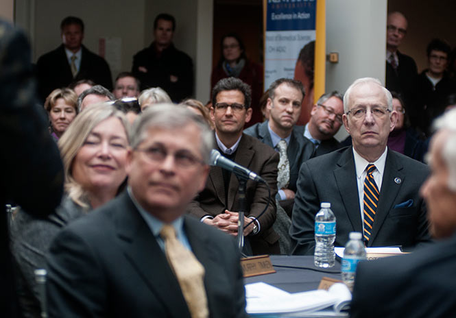 Lester Lefton listens as Beverly Warren speaks to those in attendance as she is announced as Kent State University's twelfth president January 9, 2014.