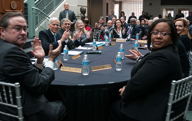 The Kent State Board of Trustees welcome Beverly Warren as she is announced as Kent State's twelfth president January 9, 2014.