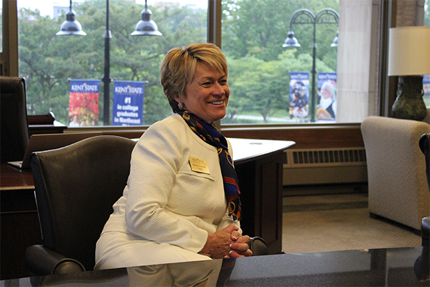 President Beverly Warren answers questions during her first meeting of the day with KentWired.com and TV2.