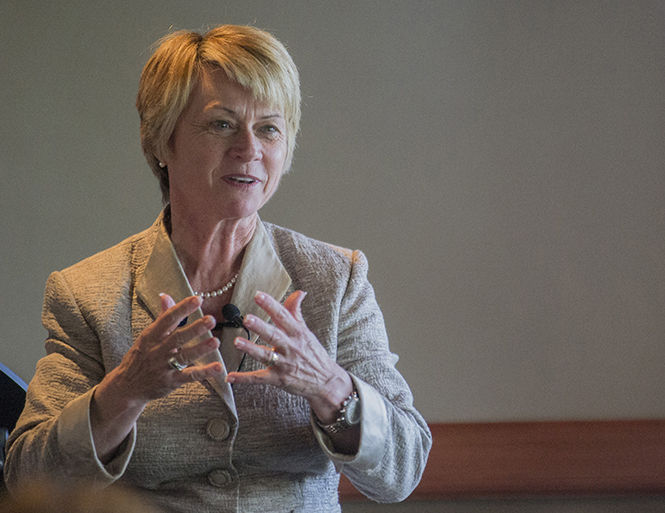 Kent State University President Beverley Warren speaks at the Overlook in Kent Monday, August 25, 2014 to announce the establishment of the Helen Dix Scholarship with the League of Women Voters.