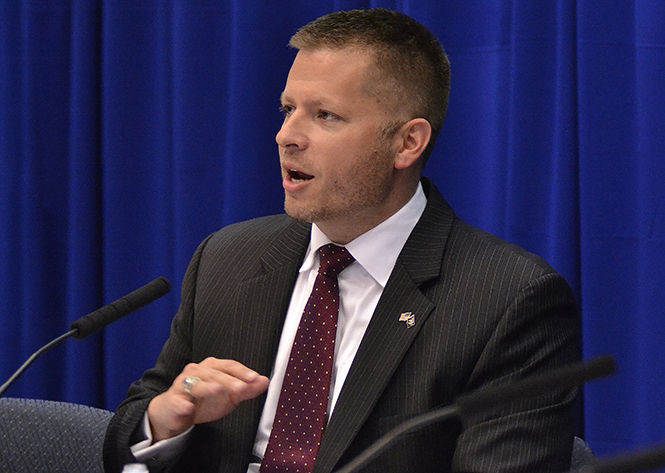 Joseph Vealencis from the National Counterterrorism Center answers questions from the audience about countering the terrorist threat in the age of transparency during the 10th annual Poynter KSU Media Ethics Workshop on Thursday, Sept 18, 2014.