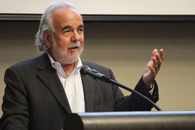 Speaker Peter Geffen gives background information about the teachings of Rabbi Abraham Joshua Heschel during the Jewish Academic Conference Sunday, Sept. 14, 2014 at the Kent Hotel and Conference Center.