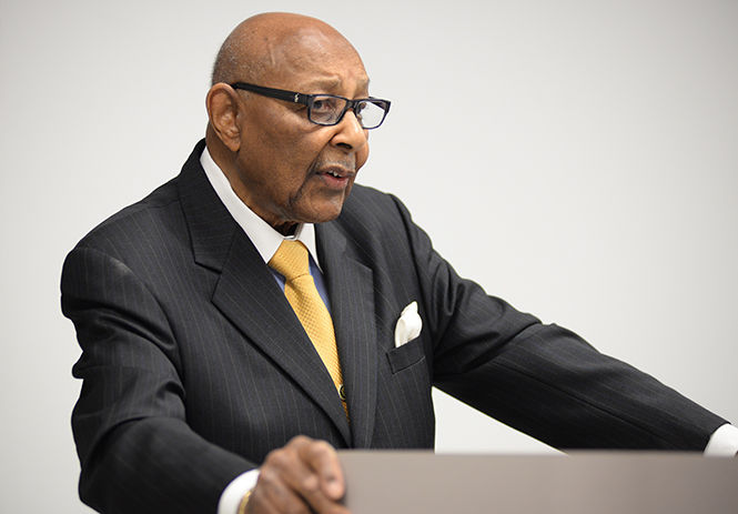 Louis Stokes, former Congressman and Kent State's current President's Ambassador, spoke to sociology and justice majors Wednesday, Sept. 17, 2014 about his involvement in the Terry v. Ohio case that he argued in the U.S. Supreme Court in 1968. He related this court case to recent events involving police brutality such as Ferguson.