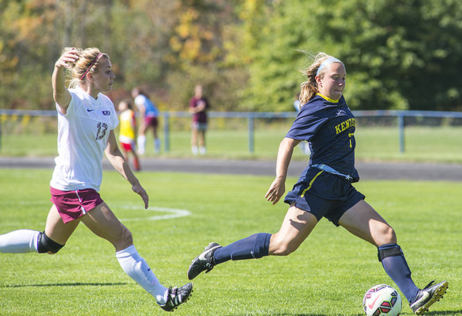 Freshman defender Jaime Eiben takes a shot at goal at the game against Eastern Kentucky University Sunday, Sept. 21, 2014. The Flashes won, 3-0.