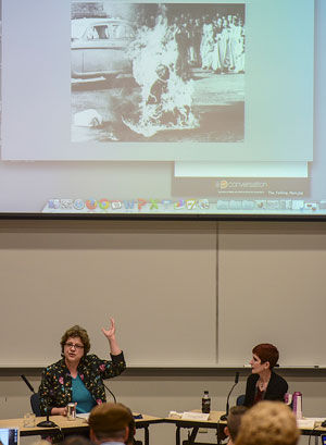 Professor Jan Leach discusses what makes a photograph newsworthy and ethical to be released to the public at the Terrorism and the Media conference Wednesday, Sept. 10, 2014.