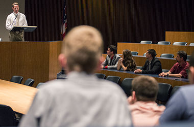 RACHAEL LE GOUBIN / THE KENT STATER Ohio's Secretary of State Jon Husted speaks to members of Kent State's College Rebublicans Friday, Sept. 5, 2014 about his plans to make voting in Ohio more honest.