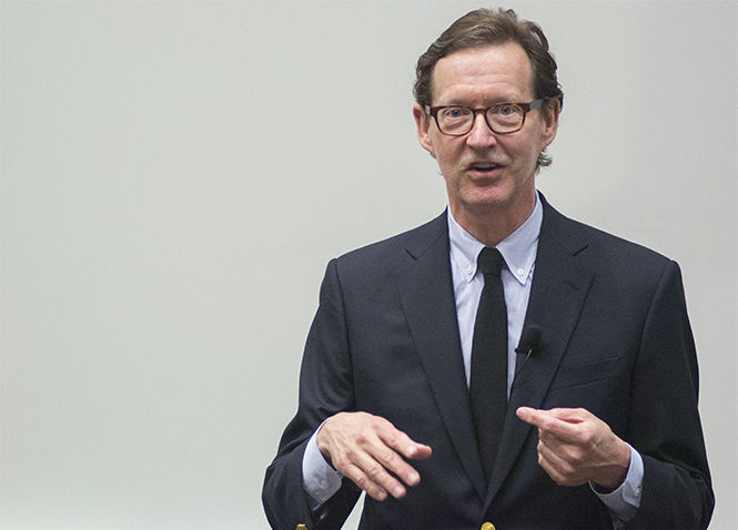 Fred Bidwell speaks to the Franklin Advertising club about his experiences in the advertising field and about becoming the CEO of Malone Advertising in Akron, in The First Energy Auditorium of Franklin Hall on Wednesday, Oct. 29, 2014.