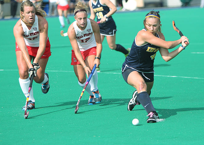 Senior forward Hannah Faulkner pulls back to shoot, scoring her third goal in Kent State's 6-1 victory over MAC opponents Ball State at Murphy-Mellis Field on Saturday, Oct. 25, 2014. Faulkner scored a total of four goals in the game, all four of which came during the second half.