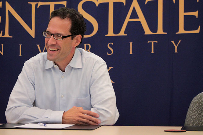 Paul DePodesta, The New York Mets VP of Player Development, scouting entrepreneur, and primary subject of the book and movie Moneyball, answers questions from the press and Kent State's student media during a press conference held in the Smith Board Room in the University Center at Kent State Stark prior to his speaking engagement Tuesday Oct. 7, 2014.