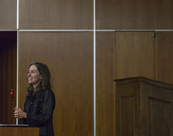 Ashley Schafer, co-founder of PRAXIS, an architectural journal of writing and building, speaks as part of the Col lege of Architecture and Environmental Design lecture series, Oct. 8, 2014.