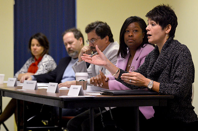 Panel member Jennifer Kulics discusses important educational topics during the Ukrainian Higher Education program Thursday, Oct. 9 2014.