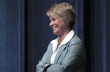 President Beverly Warren waits for questions from the audience after recounting her first 100 days as Kent State University's President during the Bowman Breakfast Wednesday, Oct. 8, 2014.