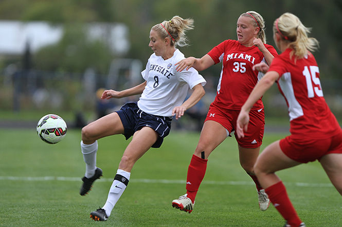 Alyssa Meier, Kent State redshirt senior defender, attempts to keep possession of the ball at the game against Miami University on Friday, Oct. 10, 2014. The game ended in a tie 1-1.