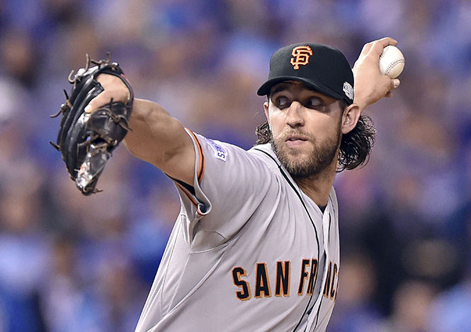 The San Francisco Giant's Madison Bumgarner pitches in the fifth inning against the Kansas City Royals in Game 7 of the World Series on Wednesday, Oct. 29, 2014, at Kauffman Stadium in Kansas City, Mo. The San Francisco Giants beat the Kansas City Royals 3-2. (John Sleezer/Kansas City Star/MCT)