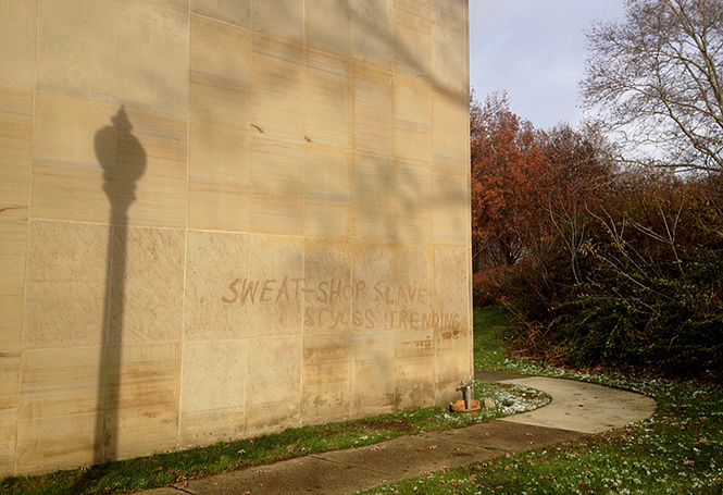 Kent State Fashion School located at Rockwell Hall was vandalized with message reading "sweat-shop slave styles trending.”