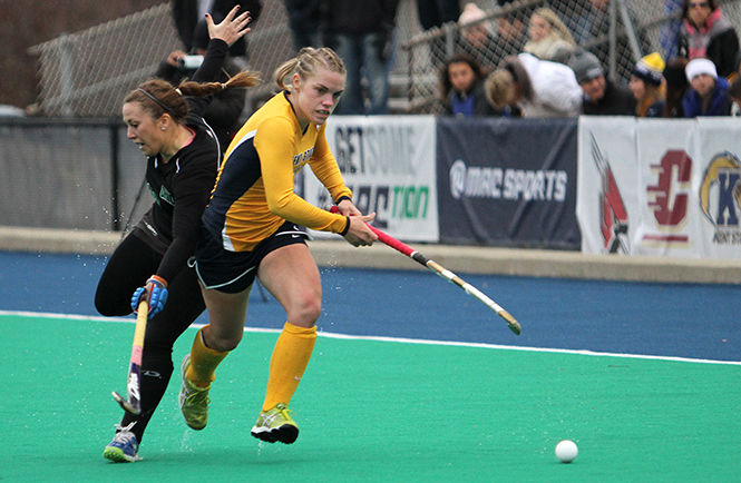 Sophomore forward Madison Thompson races toward the ball during the MAC championship game against Ohio University Saturday, Nov. 8, 2014. Kent State won, 2-0.