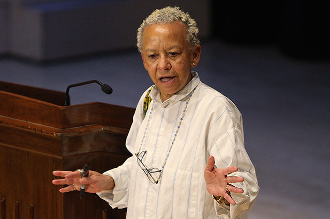 Renowned author and poet Nikki Giovanni recites poetry Thursday, Nov. 6, 2014 in Cartwright Auditorium. Giovanni was the final presentation in Kent State's Leadership Speaker Series.