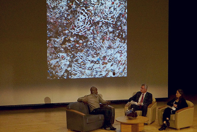 Nick Cave, artist and professor at the Art Institute of Chicago, speaks about his artwork know as Soundsuits in Cartwright Hall on Thursday, Nov. 20, 2014.