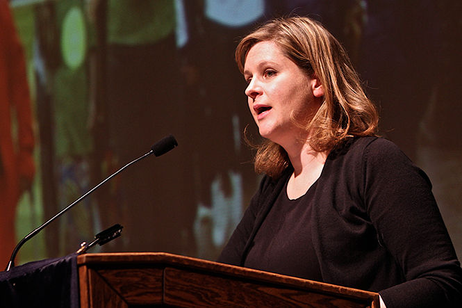 Activist Lisa Shannon speaks on her efforts to help the women in the Congo during her lecture "Do It Yourself World Leadership" in the Kiva on Tuesday, Nov. 18, 2014.